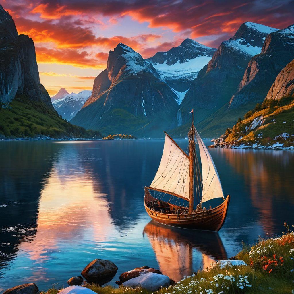 A breathtaking landscape featuring a proud Viking longship sailing through icy blue waters, surrounded by majestic fjords and snow-capped mountains. The scene captures a lively crew dressed in traditional Viking attire, exploring ancient Nordic runestones and vibrant wildflowers along the shoreline. The sky is a dramatic mix of sunset hues, casting a warm glow over the entire setting. Include elements of adventure such as a compass and vintage maps scattered on the ship. super-realistic. vibrant colors. dramatic lighting.