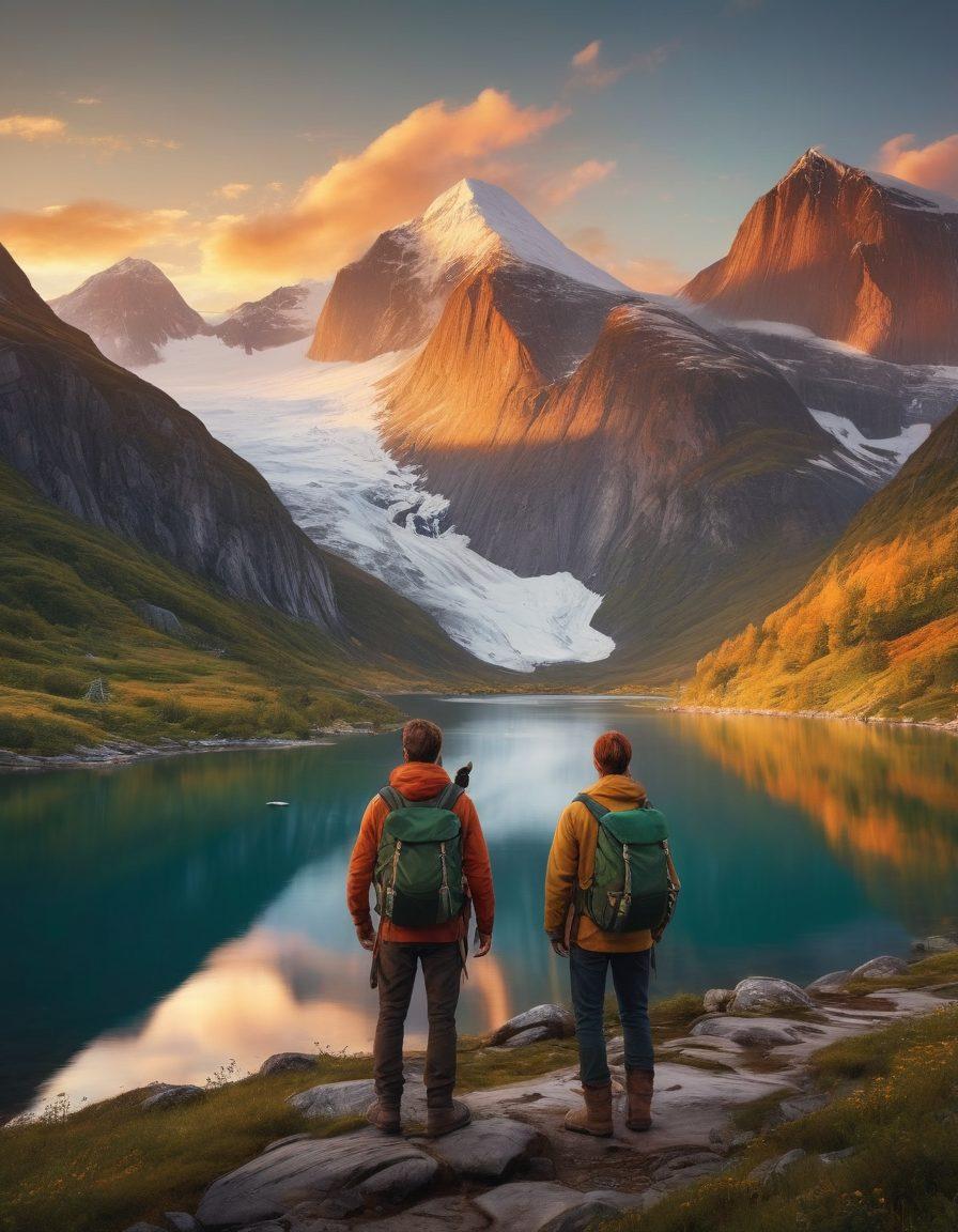 A sweeping panoramic view of stunning Nordic landscapes featuring towering snow-capped mountains, lush green valleys, and a serene fjord under a vibrant sunset sky. In the foreground, a couple with backpacks gazes at the scenery, symbolizing adventure and exploration. Incorporate traditional Nordic elements like a rustic wooden cabin and native wildlife. super-realistic. vibrant colors.
