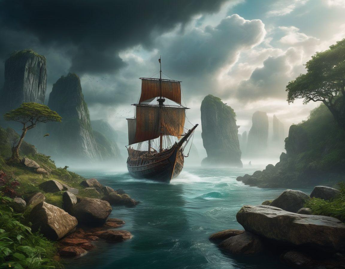 A dramatic landscape featuring a Viking longship sailing through misty waters, with Norse symbols and mythological creatures like Odin and Thor subtly integrated in the clouds. In the foreground, an adventurer holding a map, surrounded by ancient runestones and lush greenery, evoking a sense of exploration and mystery. The scene combines elements of both history and modern adventure, with dramatic lighting highlighting the ship and the figures. super-realistic. vibrant colors. cinematic atmosphere.